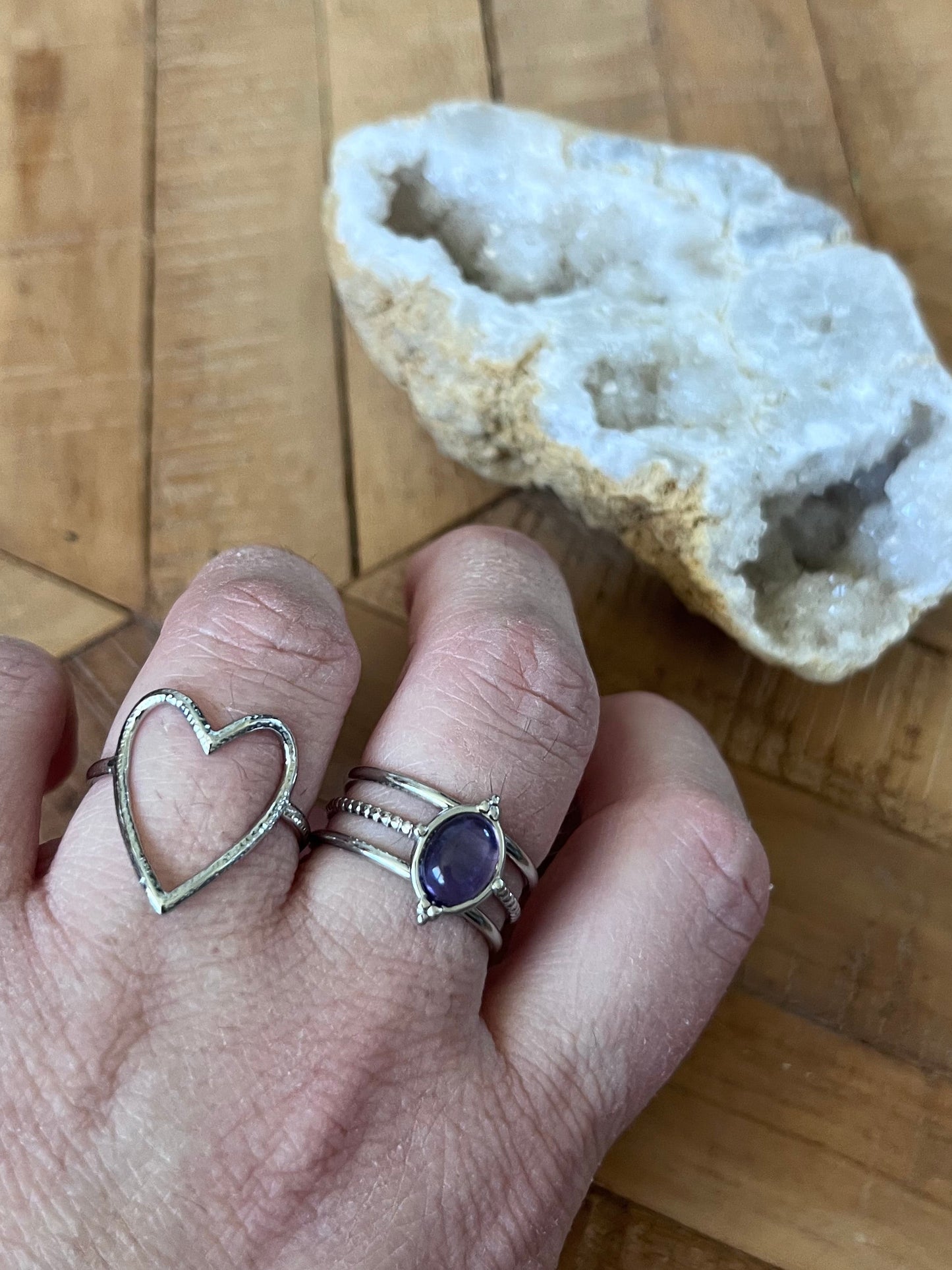 Duo de bagues cœur & améthyste - argenté