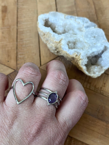 Duo de bagues cœur & améthyste - argenté