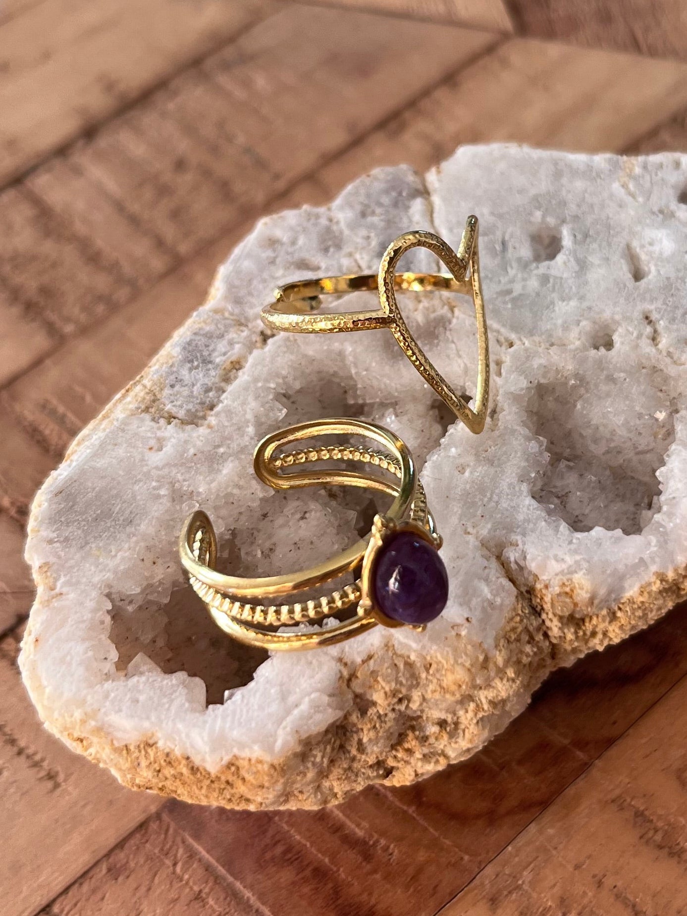 Duo de bagues cœur & améthyste - doré
