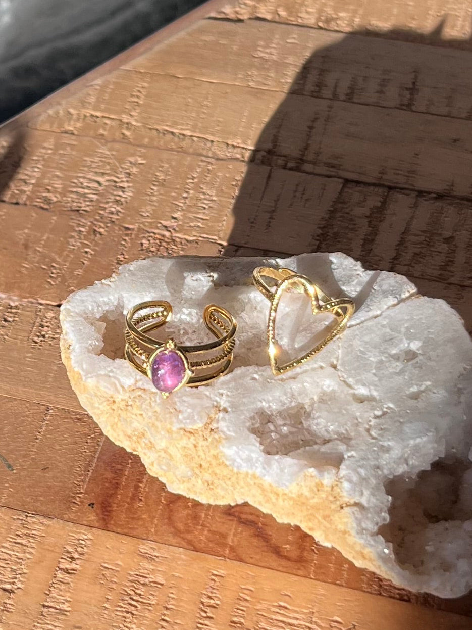 Duo de bagues cœur & améthyste - doré
