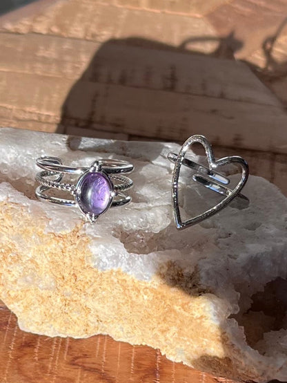 Duo de bagues cœur & améthyste - argenté