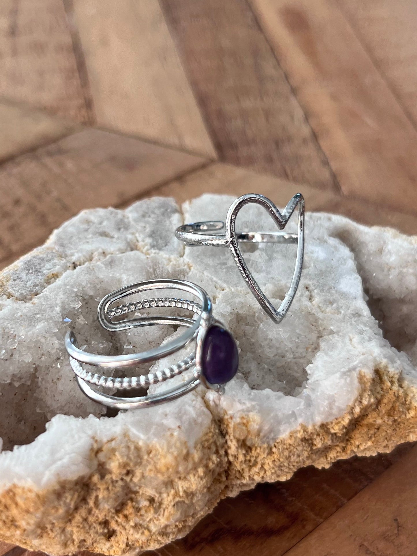 Duo de bagues cœur & améthyste - argenté