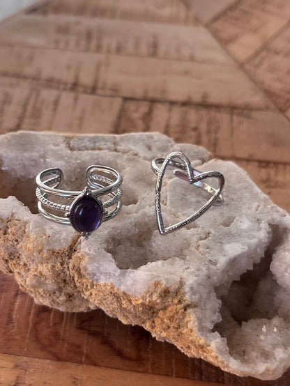 Duo de bagues cœur & améthyste - argenté