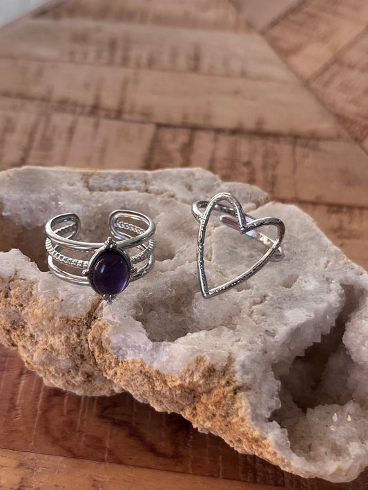 Duo de bagues cœur & améthyste - argenté