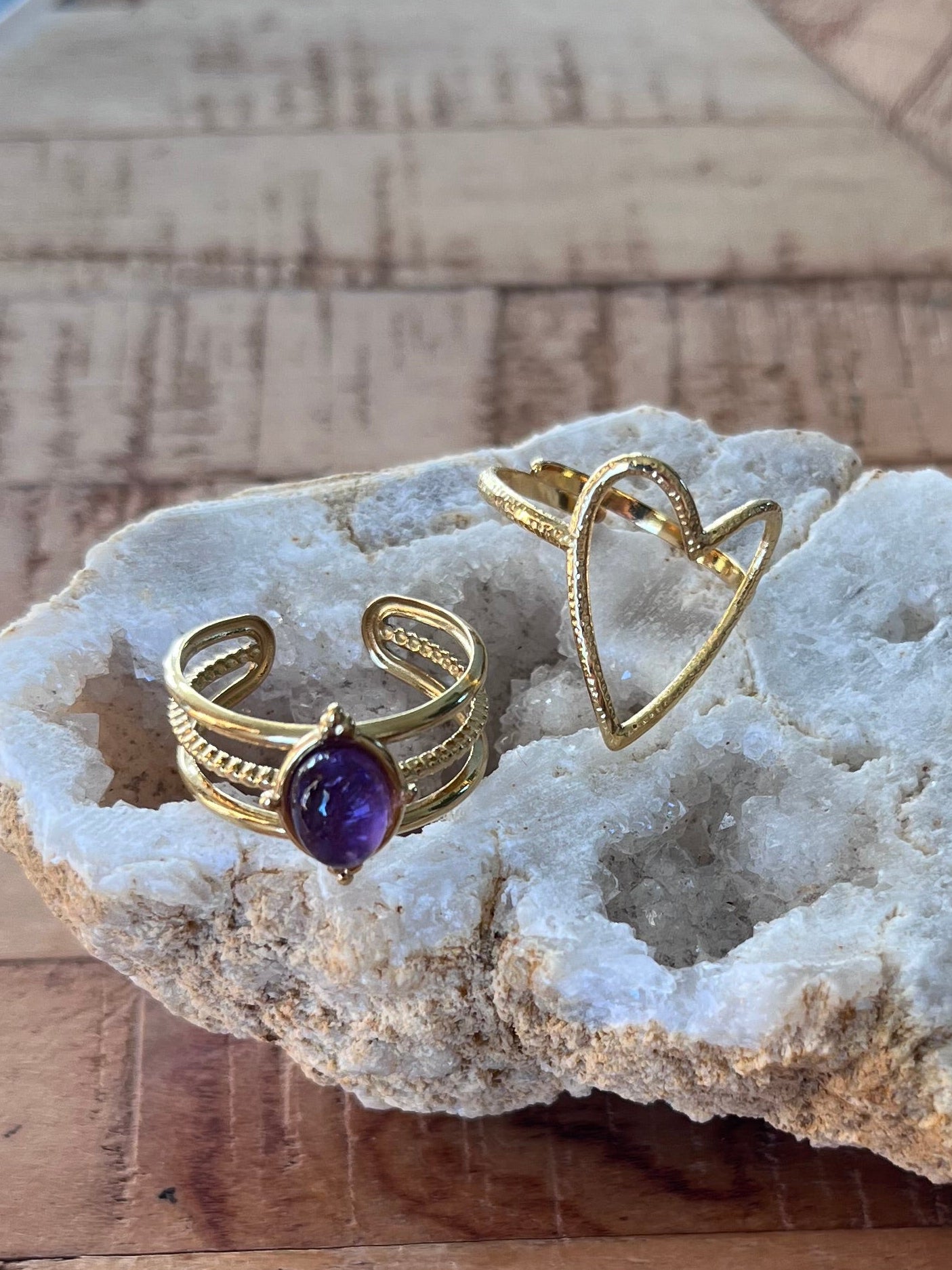 Duo de bagues cœur & améthyste - doré