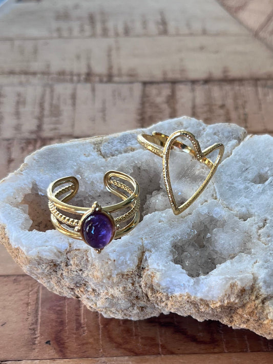 Duo de bagues cœur & améthyste - doré