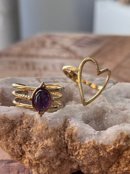 Duo de bagues cœur & améthyste - doré