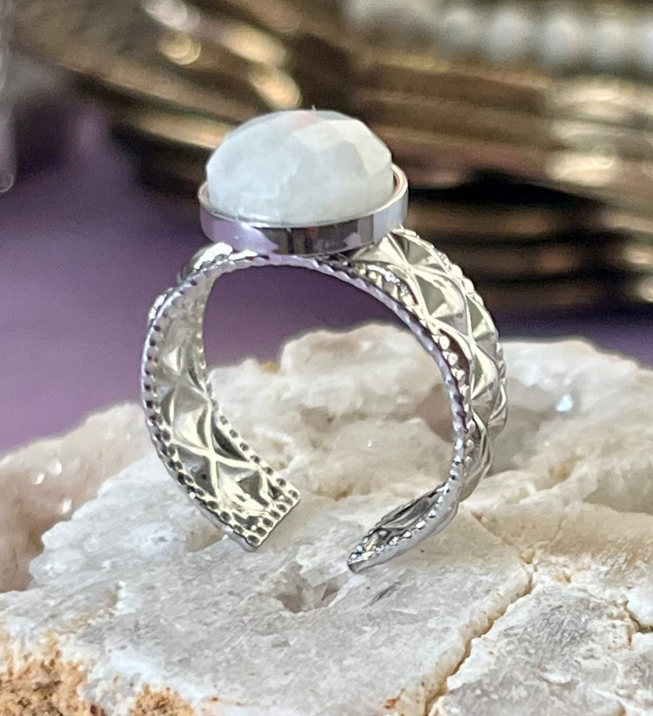 Bague Cezaria Pierre de Lune facettée  Acier Inoxydable