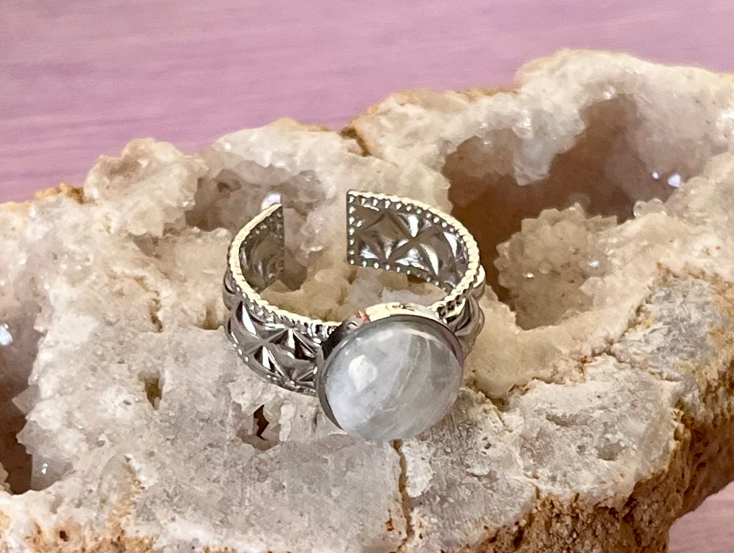 Bague Cezaria Pierre de Lune facettée  Acier Inoxydable