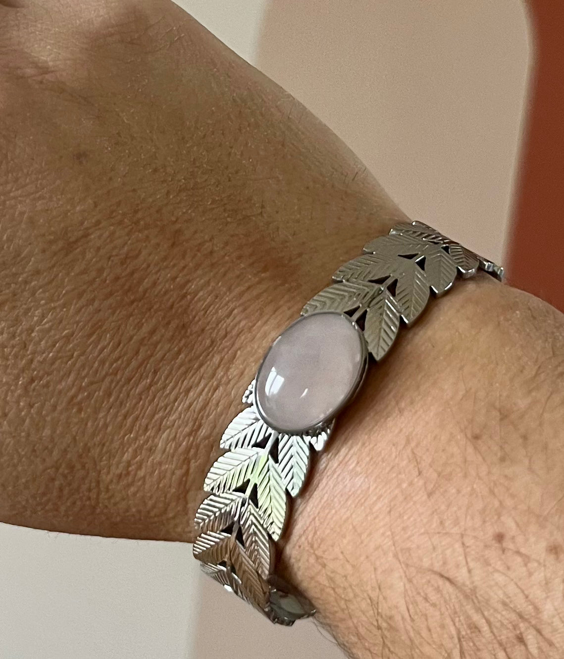 Jonc Plume Quartz Rose Acier Inox