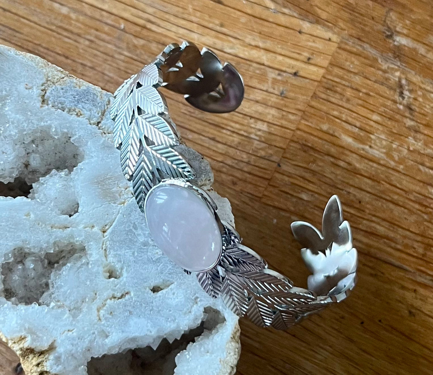 Jonc Plume Quartz Rose Acier Inox