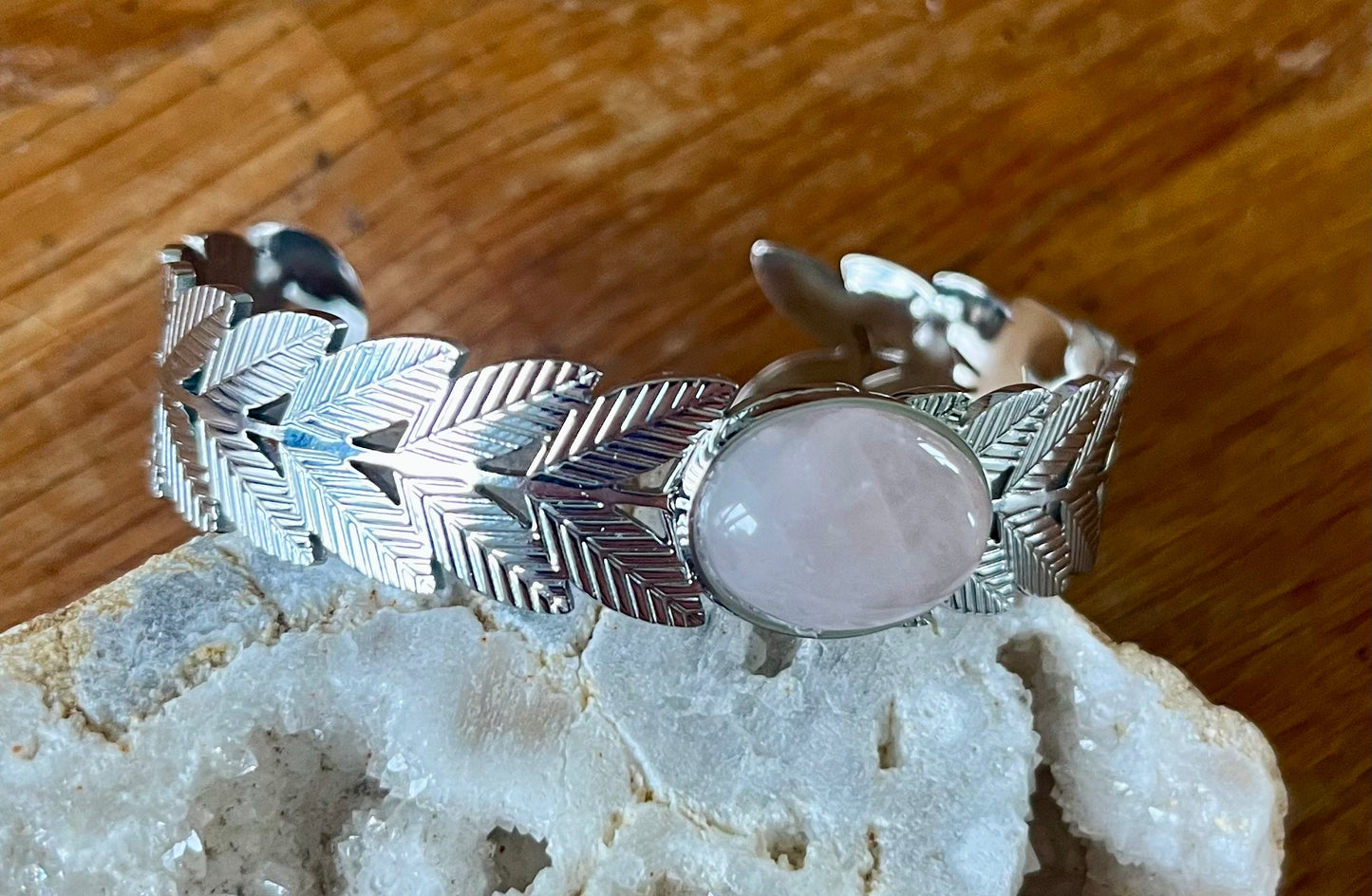 Jonc Plume Quartz Rose Acier Inox