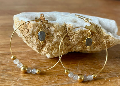 Créoles Labradorite Acier Inox et Argent 925 plaqué Or